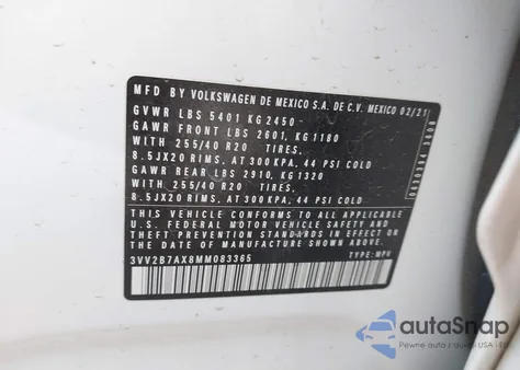 2021 Volkswagen Tiguan 2.0T Se/2.0T Se R-Line Black/2.0T Sel z USA, uszkodzony, nr VIN 3VV2B7AX8MM083365